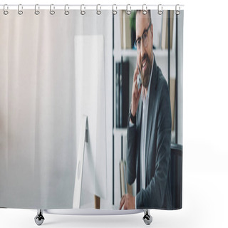 Personality  Panoramic Shot Of Handsome Businessman In Formal Wear Talking On Smartphone And Looking At Camera  Shower Curtains