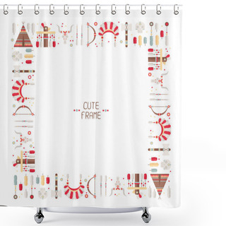 Personality  Frame Of Vector Colorful Ethnic Set With Dream Catcher, Feathers, Arrows And American Indian Chief Headdress In Native Style. Decorative Elements. Tribal Native American Set Of Symbols. Shower Curtains