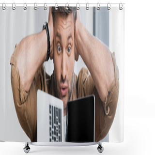 Personality  Crazy Businessman With Hands Near Head Looking At Broken Laptop On Blurred Background, Banner Shower Curtains