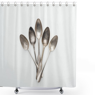 Personality  Top View Of Shiny Aged Silver Empty Spoons On White Background Shower Curtains