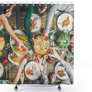 Personality  Vegan, Vegetarian Thanksgiving, Friendsgiving Holiday Celebration. Flat-lay Of Friends Clinking Glasses At Thanksgiving Day Table With Pumpkin Pie, Vegetables, Fruit And Wine, Top View, Square Crop Shower Curtains