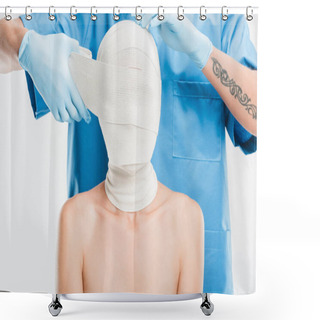 Personality  Close Up Of Plastic Surgeon In Gloves Taping Up Woman Face With Bandage Isolated On White Shower Curtains