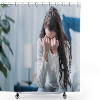 Personality  Selective Focus Of Grieving Woman Covering Face With Hands And Crying At Home Shower Curtains