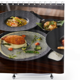 Personality  Delicious Restaurant Dishes On Wooden Table Shower Curtains