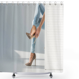 Personality  Partial View Of Woman Putting On High-heeled Shoes Behind Room Divider On Grey Background Shower Curtains