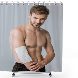 Personality  Shirtless Sportsman With Elastic Bandage On Elbow Isolated On Grey Shower Curtains