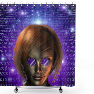 Personality  Cyborg Girl Wearing Purple Glasses. Binary Code Background Shower Curtains