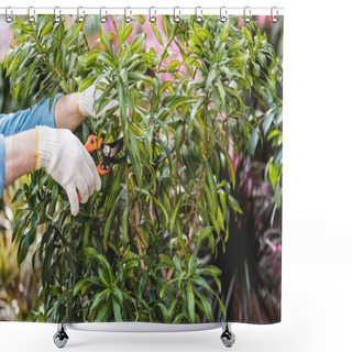 Personality  Close-up View Of Gardener Cutting Plants With Pruner Shower Curtains