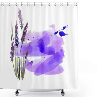 Personality  Violet Lavender Flowers Arranged On Bright Purple Watercolor Background. Top View, Flat Lay. Minimal Naturopathy Concept. Copy Space, April Love, Natural Lavanda Handmade, Homeopathy Essential Skincare Healing. Shower Curtains