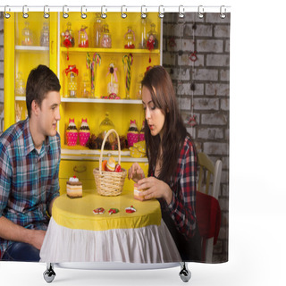 Personality  Young Couple Dating At The Cafe Shower Curtains