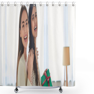Personality  Joyful Lesbian Couple With Present In Hands Smiling Cheerfully At Camera, Ivf Concept, Banner Shower Curtains