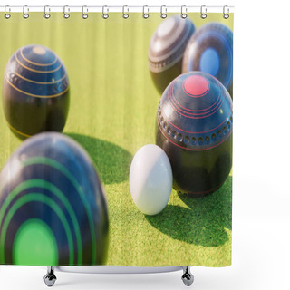 Personality  A Set Of Old Wooden Lawn Bowls Next To A Jack On A Perfect Flat Green Grass Lawn Outdoors - 3D Render Shower Curtains