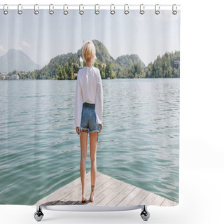 Personality  Back View Of Young Woman Standing On Wooden Pier And Looking At Scenic Mountain Lake, Bled, Slovenia Shower Curtains