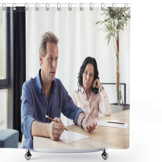 Personality  Middle Aged Colleagues Talking At Meeting Shower Curtains