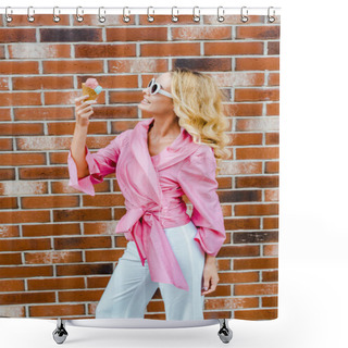 Personality  Stylish Smiling Woman In Pink Eating Ice Cream In Front Of Brick Wall Shower Curtains