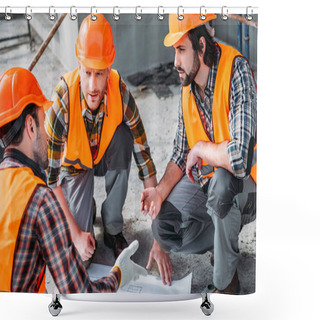 Personality  Close-up Shot Of Group Of Confident Builders Having Conversation About Building Plan Shower Curtains