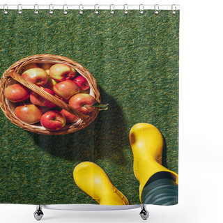 Personality  Person In Rubber Boots Standing Near Wicker Basket With Red Apples Shower Curtains