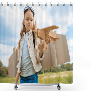 Personality  Portrait Of Red Hair Kid In Pilot Costume Holding Wooden Plane In Summer Field Shower Curtains