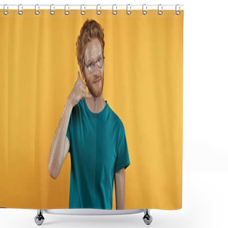 Personality  Redhead Man In T-shirt Showing Call Me Gesture Isolated On Yellow Shower Curtains