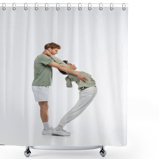 Personality  Side View Of Interracial Couple Showing D Letter With Bodies On White Background  Shower Curtains