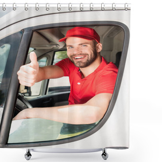 Personality  Cheerful Delivery Man In White Van Showing Thumb Up Shower Curtains