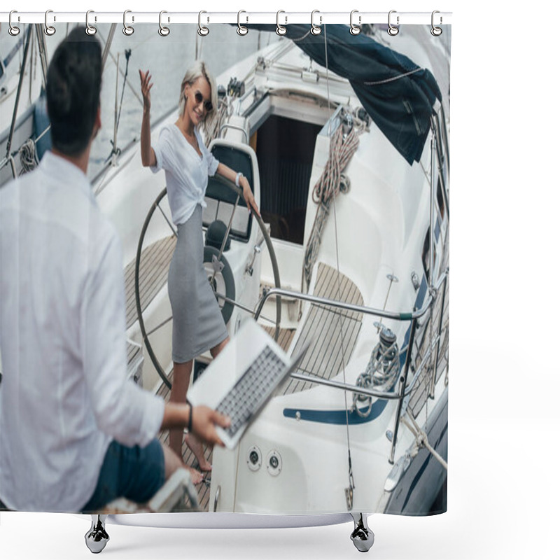 Personality  High Angle View Of Smiling Girl At Steering Wheel Waving Hand And Looking At Young Man On Yacht Shower Curtains