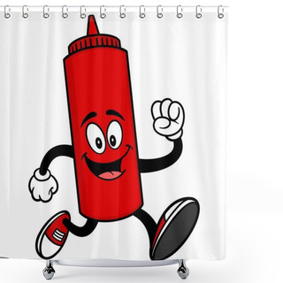 Personality  Ketchup Running - A Cartoon Illustration Of A Ketchup Bottle Mascot. Shower Curtains