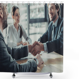 Personality  Business People Shaking Hands During Meeting At Modern Office Shower Curtains
