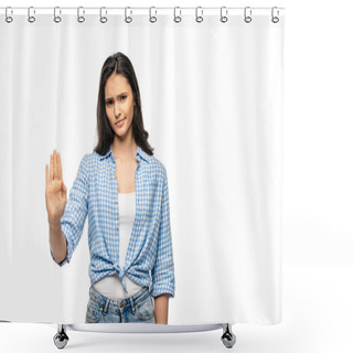 Personality  Skeptical Girl Showing Stop Sign Isolated On White With Copy Space Shower Curtains