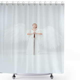 Personality  Beautiful Woman With Angel Wings Holding Sword And Posing On White Background Shower Curtains
