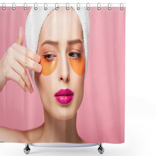 Personality  Pretty Girl Touching Face With Eye Patches Isolated On Pink  Shower Curtains
