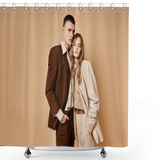 Personality  Attractive Young Woman In Stylish Suit Posing With Her Handsome Boyfriend And Looking At Camera Shower Curtains