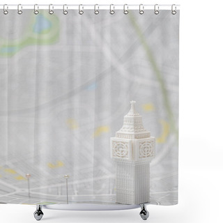 Personality  Selective Focus Of Pins Near Small Big Ben Figurine On Map Of London  Shower Curtains