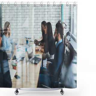 Personality  Collaborative Process Of Modern Diverse Employees During Brainstorming Behind Glass Wall.Young Male And Female Entrepreneurs Discussing Common Project Having Business Meeting In Modern Office Shower Curtains
