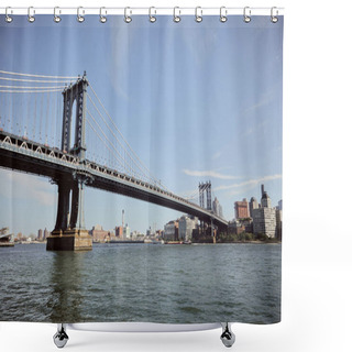Personality  Scenic View Of Manhattan Bridge Under Blue Sky Over East River With New York Urban Landscape Shower Curtains