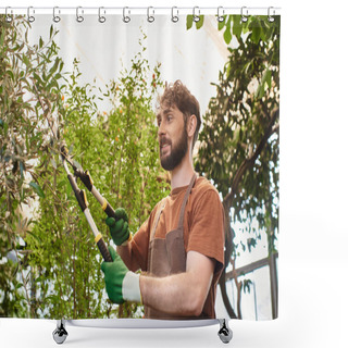 Personality  Bearded Gardener In Linen Apron Cutting Branch On Tree With Big Gardening Scissors In Greenhouse Shower Curtains