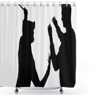 Personality  Silhouette Of Criminal Man With Knife Attacking Stranger Isolated On White Shower Curtains