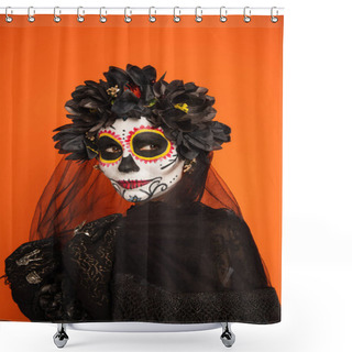 Personality  Woman In Traditional Day Of Dead Costume And Makeup Touching Black Veil Isolated On Orange Shower Curtains