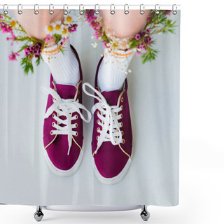 Personality  Looking Down View Of Female Legs With Fresh Flowers In Socks Isolated On Grey Shower Curtains