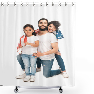 Personality  Cheerful Latin Family Smiling While Holding American Flag Isolated On White  Shower Curtains