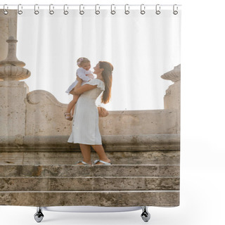 Personality  Cheerful Woman Holding Toddler Daughter On Stone Stairs Of Puente Del Mar Bridge In Valencia Shower Curtains