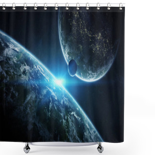 Personality  Distant Planet System In Space With Exoplanets 3D Rendering Elem Shower Curtains