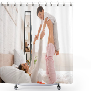 Personality  Happy Woman Having Fun With Adorable Son In Bed On Mothers Day Shower Curtains