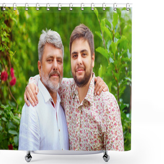 Personality  Portrait Of Happy Father And Son, That Are Similar In Appearance Shower Curtains