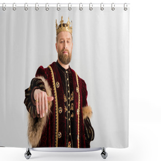 Personality  Handsome King With Crown Showing Hand Isolated On Grey Shower Curtains