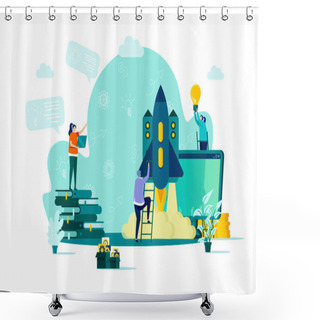 Personality  Startup Project Concept In Flat Style. Team Of Startup Founders Launching New Project Scene. Innovation Solution Development Web Banner. Vector Illustration With People Characters In Work Situation. Shower Curtains