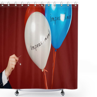 Personality  Cropped View Of Man Bursting Balloons With Impeachment Lettering On Red Background Shower Curtains