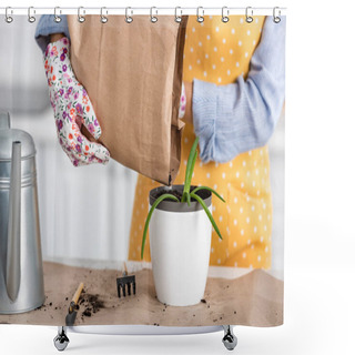 Personality  Cropped View Of Woman With Paper Bag Putting Ground To Flowerpot With Aloe Near Watering Pot And Gardening Tools On Table In Kitchen Shower Curtains