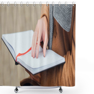 Personality  Cropped View Of Blind Man Reading Book With Braille Font, Panoramic Shot Shower Curtains