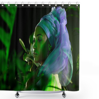 Personality  Attractive African American Woman In Wire Head Wrap Under Green Light Behind Leaves Shower Curtains